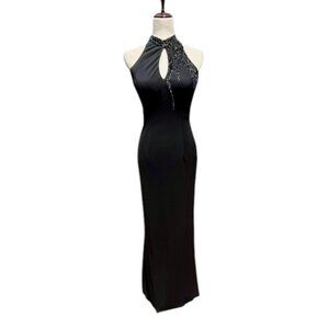 Jovani Sequined Beaded Halter Black Maxi Formal Prom Pageant Gown Dress Sz 6 EUC